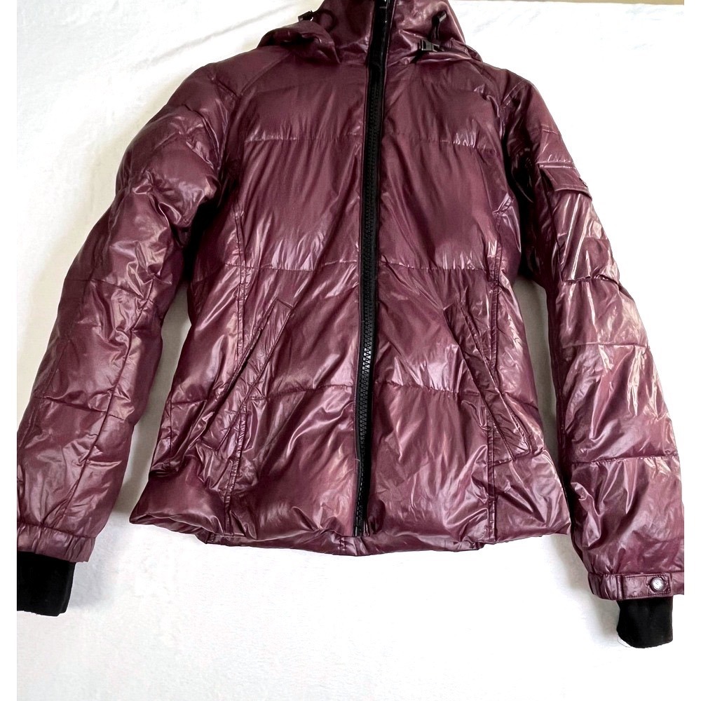 S13 New York Womens XS Burgundy Down Puffer Jacket Shiny Hooded Winter Coat - Picture 2 of 14